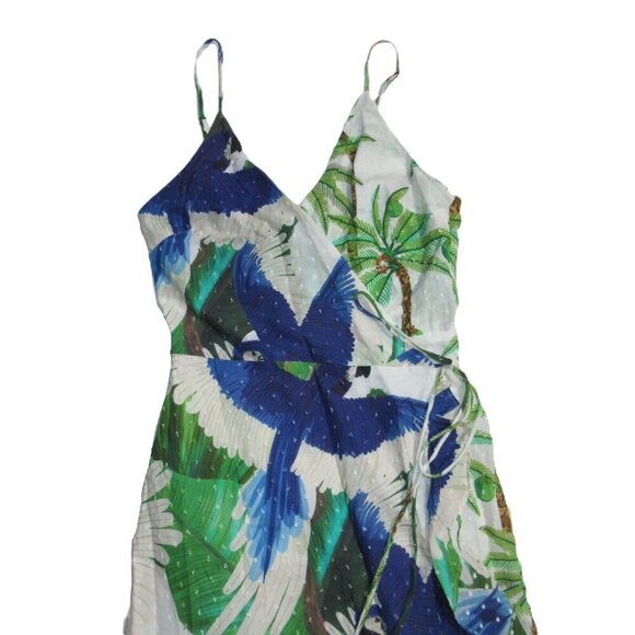 NWT FARM Rio Mixed Palm Wrap Midi in White Blue Parrot Bird Tank Dress XS - Picture 2 of 5